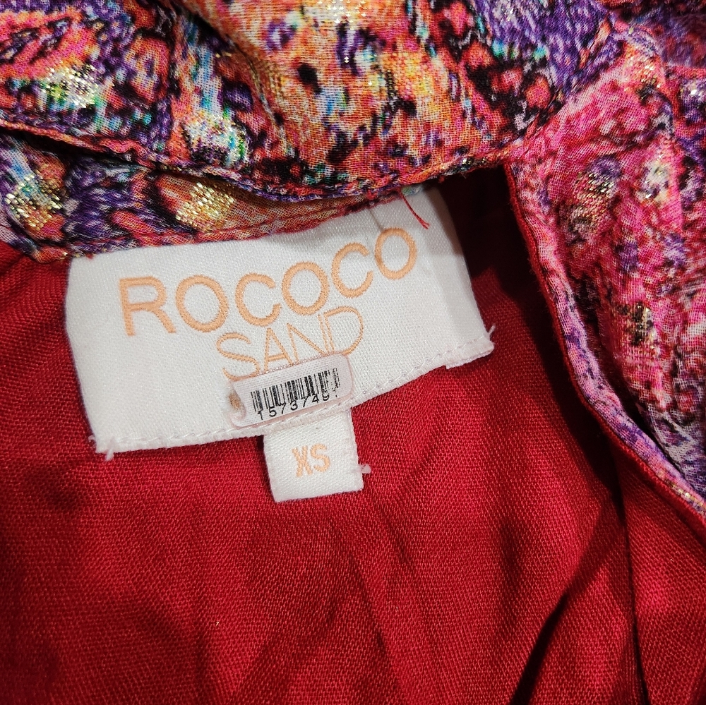 Rococo Sand Nott Printed Metallic Plunge Mini Dress Puff Sleeve - Picture 7 of 10